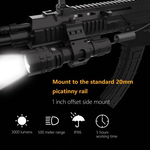 POVAST Picatinny Flashlight, LED Tactical Flashlight Rifle Rail Light with Pressure Switch, 3000 Lumens Waterproof Light, 5 Mode USB Rechargeable Flashlight for Hunting, Matte Black