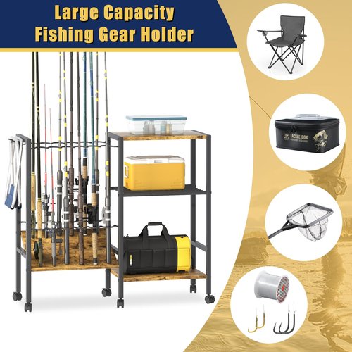 Azheruol Fishing Rod Rack Fishing Equipment Organizers With Wheels, Metal Fishing Gear Shelf Up To 12 Rods, Fishing Rod Holders Fishing Pole Storage Cart For Garage Home Entryway Corner