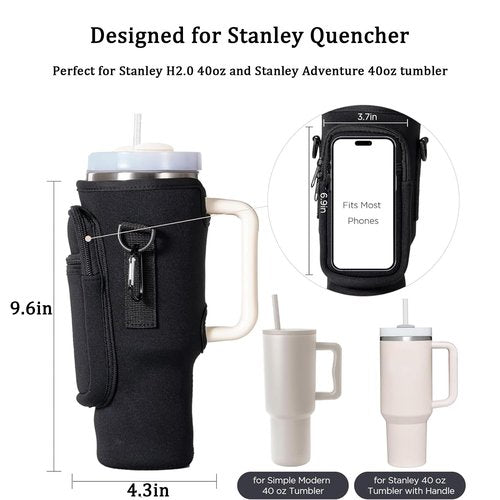 Water Bottle Holder with Strap for Stanley Cup Accessories 40 oz Water Bottle Carrier Bag with 2 Pocket Sling Neoprene,Adjustable Strap& Straw Cover.Water Bottle Sleeve for Walking Hiking Camping Gym