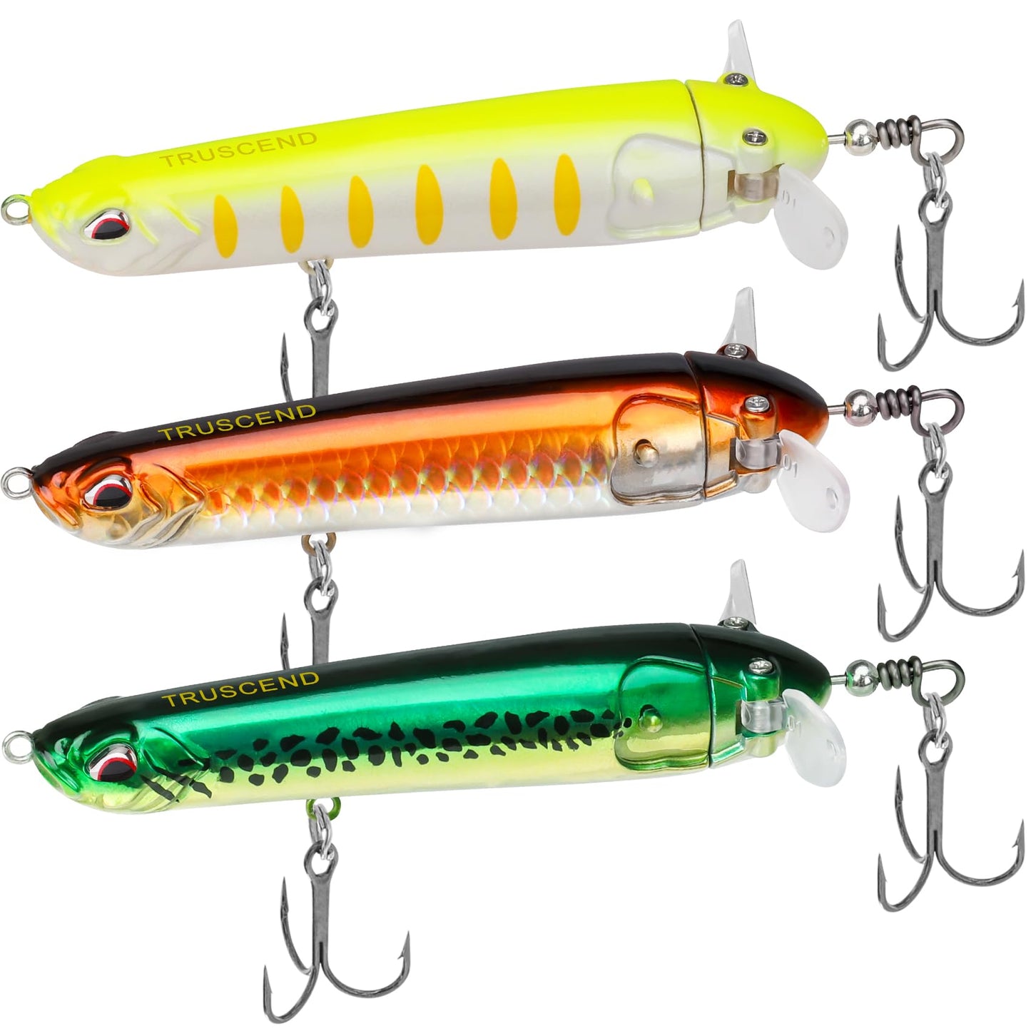 TRUSCEND Top Water Pencil Fishing Lures with Double Floating Rotating Tail, Surface Pencil Popper, Long Cast Premium Bass Bait with Rattle, Fishing Teasers Swimbaits for Freshwater Saltwater