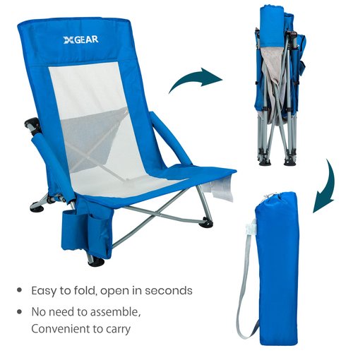 XGEAR High Back Folding Beach Chair with Detachable Cooler Bag High Back Mesh Back Sand Chair for Beach, Lawn, Camping, Travel, Support Up to 350 lbs