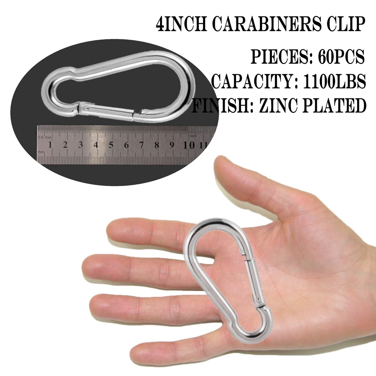 60 Pack Heavy Duty Carabiners, 3/8” Spring Snap Hook Carabiner for Heavy Uses, 4-Inch Snap Hooks Large Carabiners Clips Chain Links Safety Buckle Connector for Swing Hammock Fitness Gym Outdoor Indoor