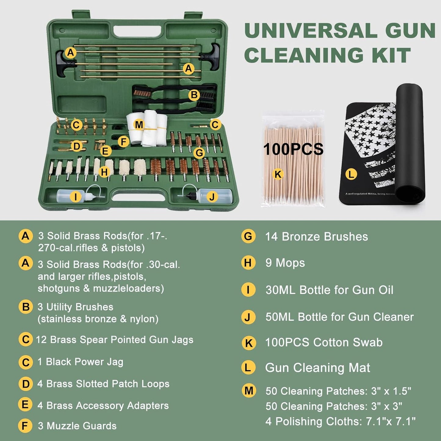 iunio Universal Gun Cleaning Kit, with Mat and Case, Full Brass Jags, Rods and Adapters, for All Guns, Rifle, Shotgun, Handgun, Pistol, Hunting, Shooting, All Caliber