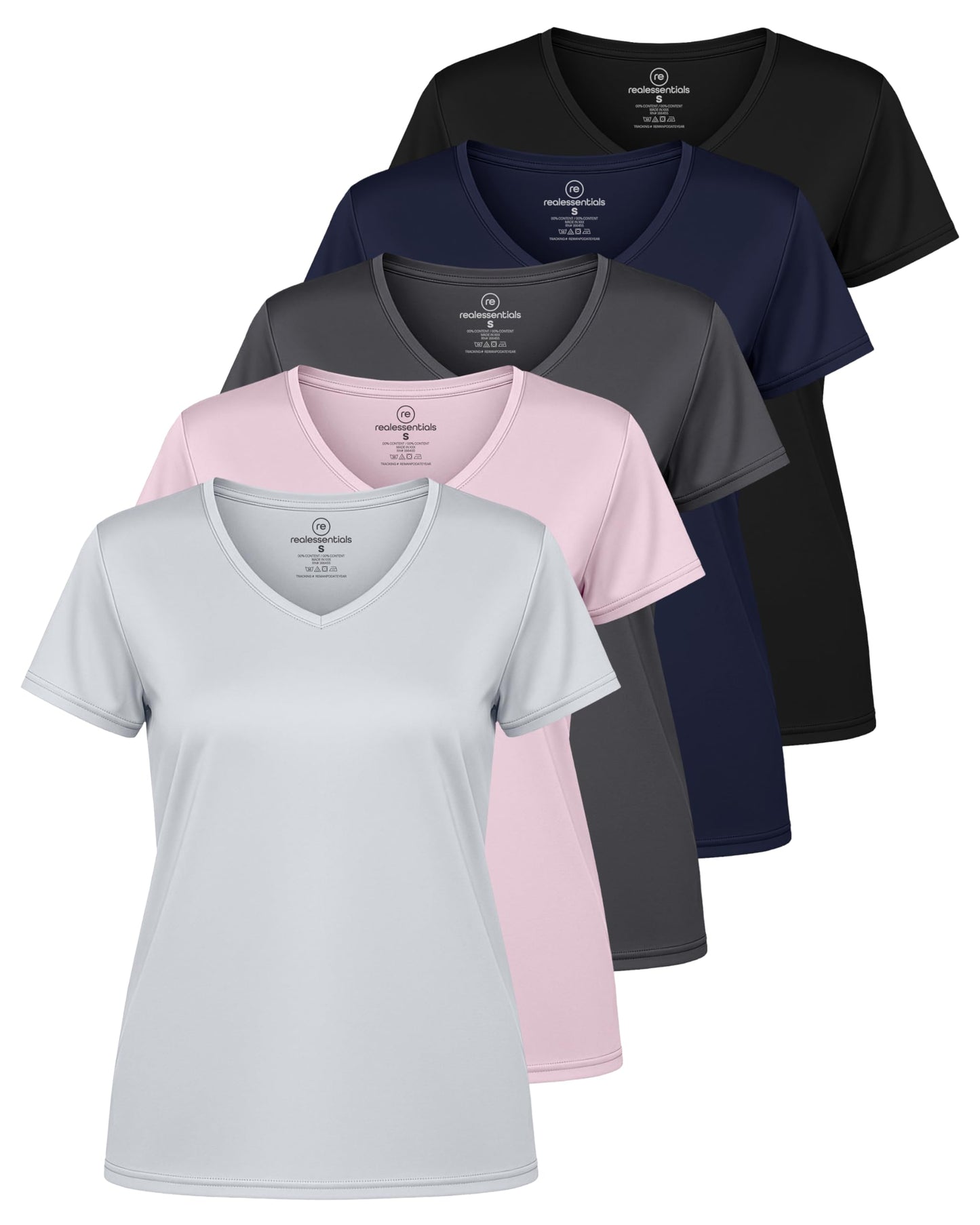 Real Essentials 5 Pack: Women's Dry-Fit Short Sleeve V Neck T Shirt Workout Fitness Yoga Top Tee (Available in Plus Size), Set 6, 2X