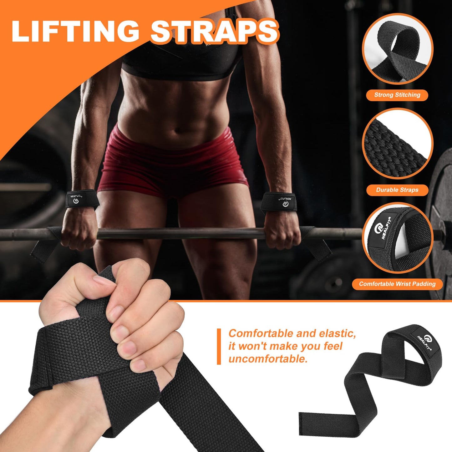 NEALFIT Lifting Straps for Weightlifting, Wrist Straps for Weightlifting, Deadlifts, Bodybuilding, Strength Training, Weight Lifting Straps for Men&Women (Black)