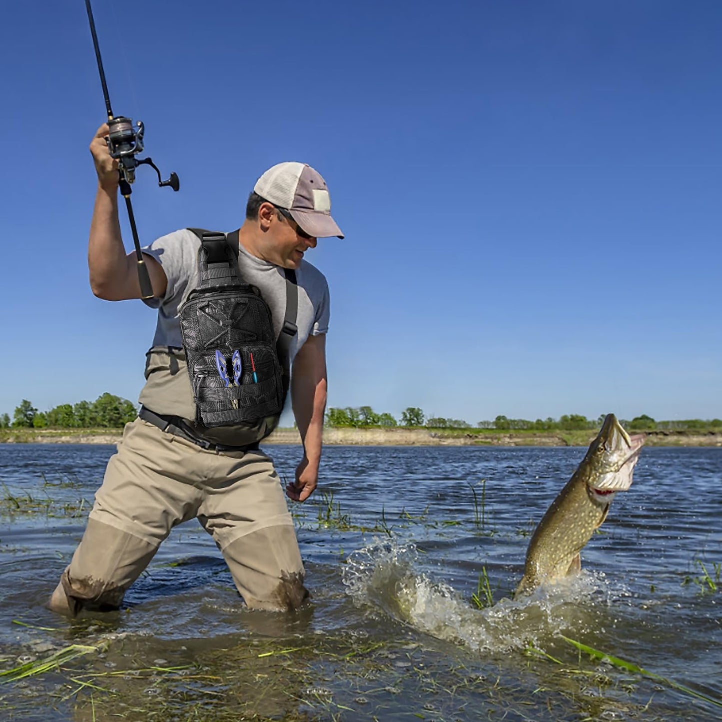 Fishing Backpack Fishing Tackle Storage Bag Fishing Gear with Rod Holder Small Sling Backpack for Outdoor Fish,Hiking,Travel,Hunting (E-Camouflage Black)