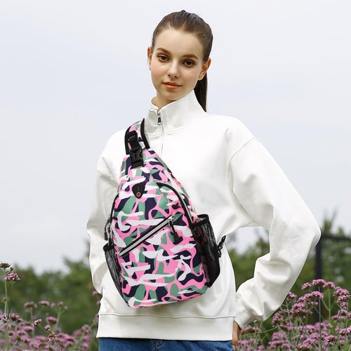 MOSISO Crossbody Sling Backpack, Portable Travel Hiking Daypack Chest Sling Bag Casual Daypack One Strap Chest Backpack for Women Men Outdoor Hiking Travel, Pink Camouflage Graffiti