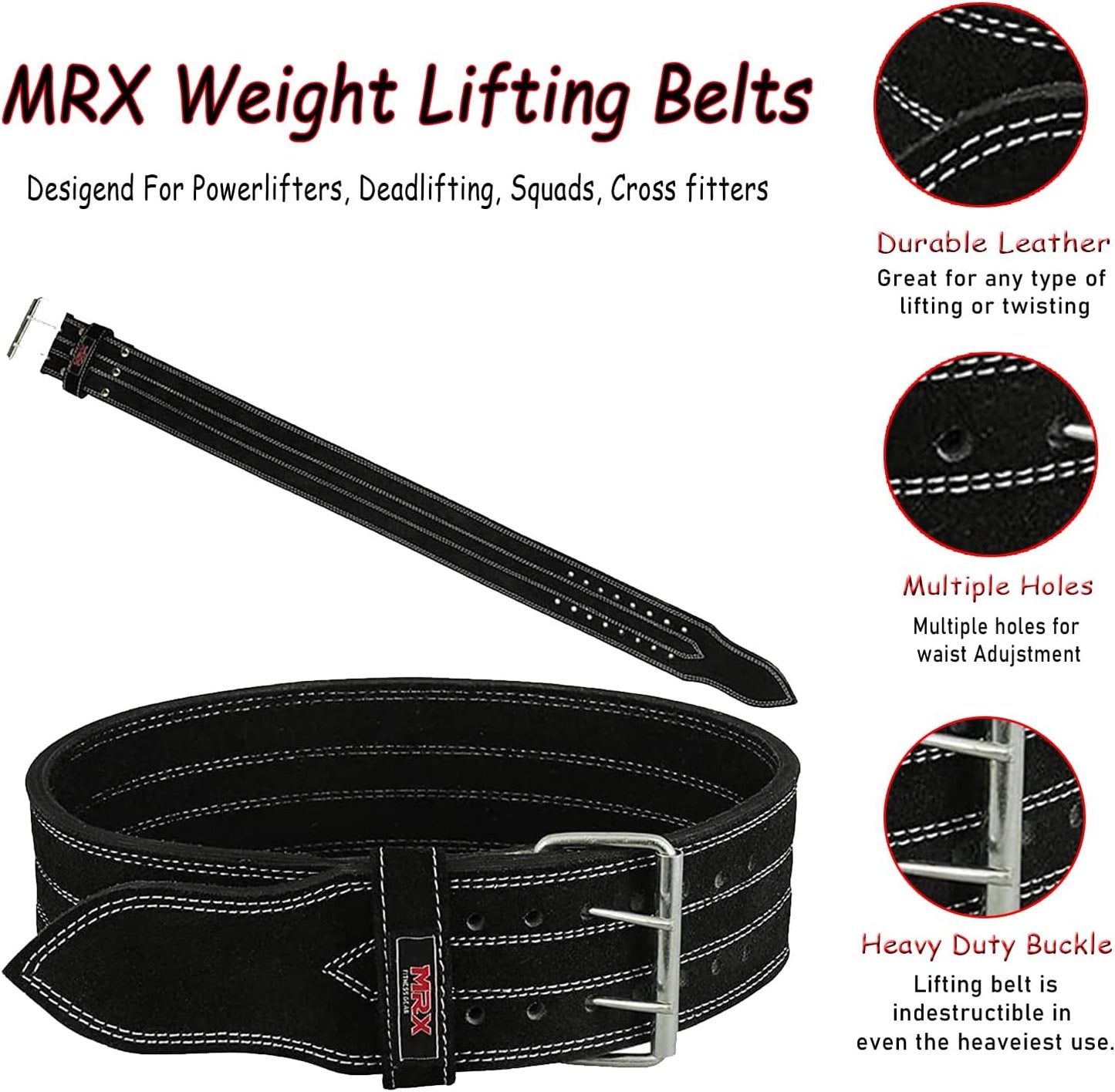 MRX Powerlifting Leather Belt 4" Wide 10mm Thickness Training Fitness Back Support Bodybuilding Belts with Steel 2 Prong Buckle