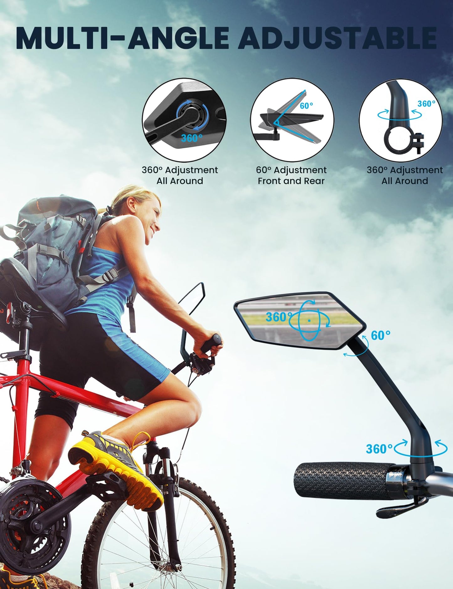 2024 New Handlebar Bike Mirror, Safe Crystal Convex Wide Angle UHD Glass Bicycle Mirror, Adjustable Rearview Mirror, Easy Installation for Ebike Scooter Snowbike (Convex Silver 1 Pair)