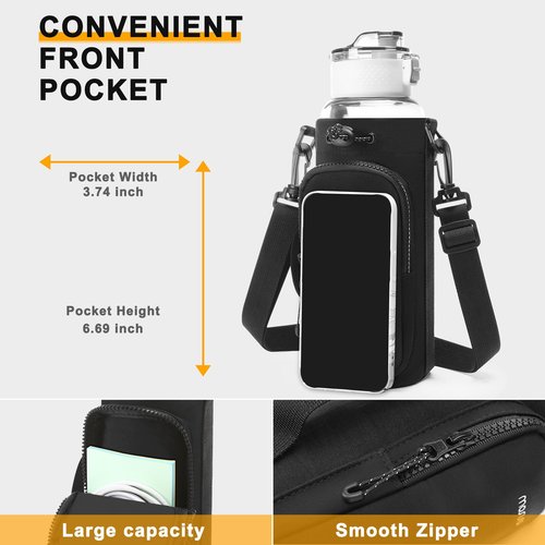 MOSISO Water Bottle Holder with Phone Pocket, 25oz / 32oz Water Bottle Carrier Bag with Adjustable Strap & Handle for Walking, Hiking, Camping, Travelling, Black