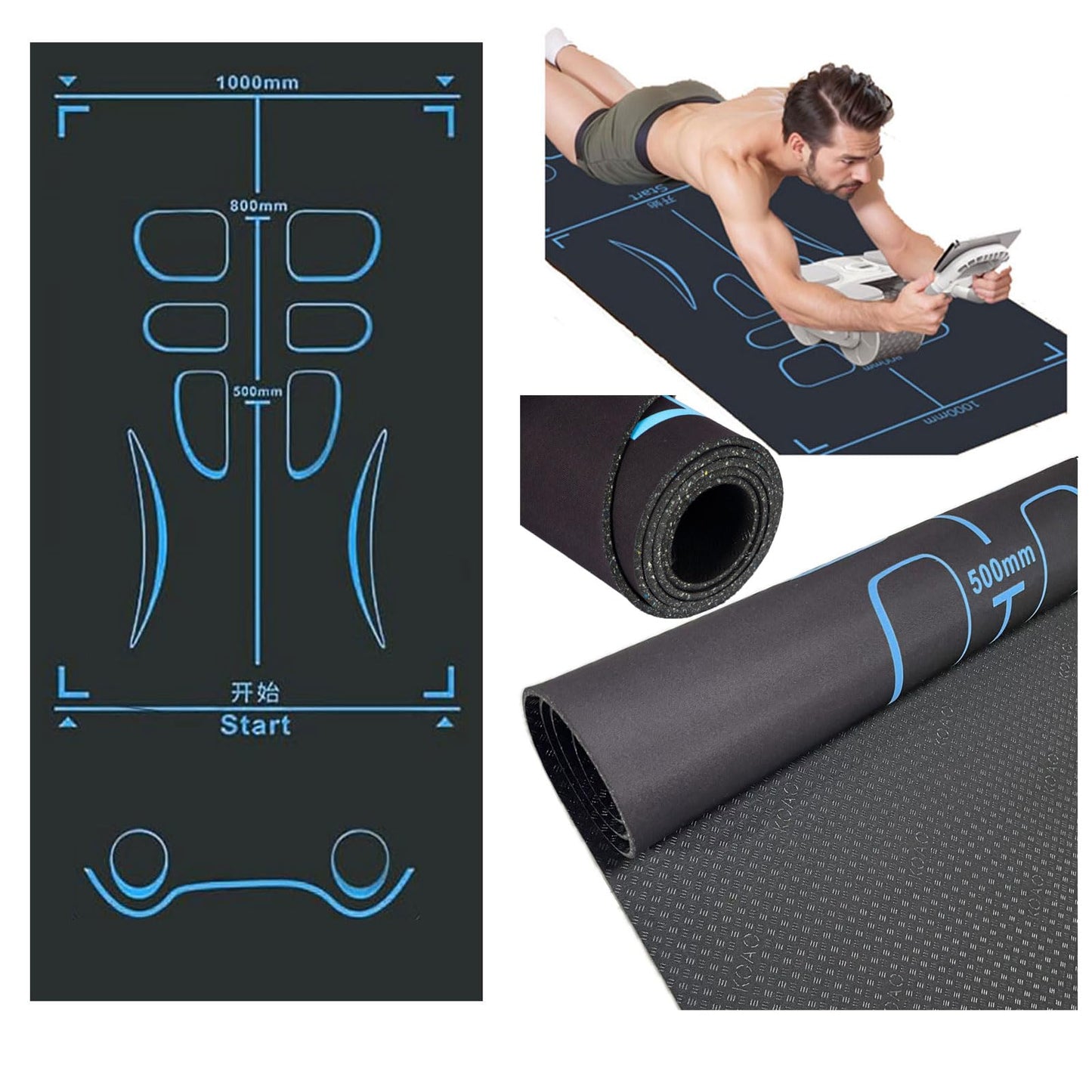 Exercise Equipment Mat with Storage Bag for Ab Roller Wheel Non-Slip Gym Floor Pad 7mm Extra Long Sound Insulation Knee Yoga Mat For Floor Workouts (Blue-Black(B), 71"L X 28"W X 0.28"H)