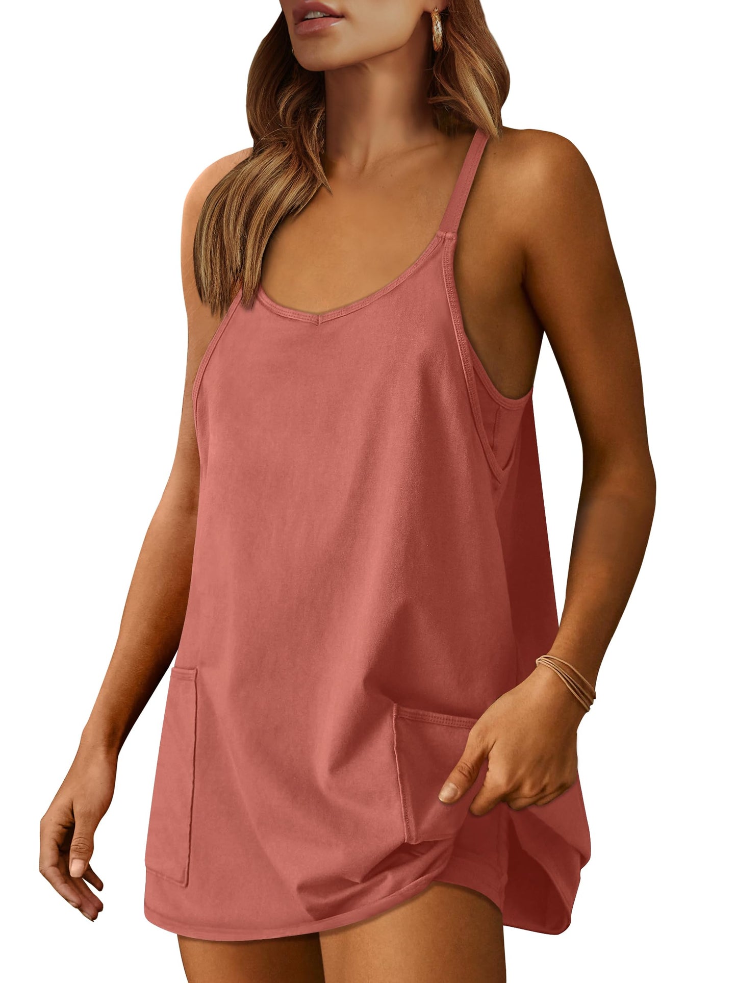 ANRABESS Women Athletic Dress Summer Tennis Workout Active Sports Mini Romper Dress Built in Shorts Travel Vacation Clothes Rust Small