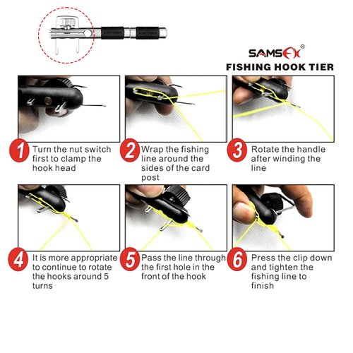 SAMSFX Fishing Stainless Steel Hook Tier, Knot Tying Tool, Loop Tyer, Hook Remover and Zinger Retractors Combo (Hook Tier with Black Grip)