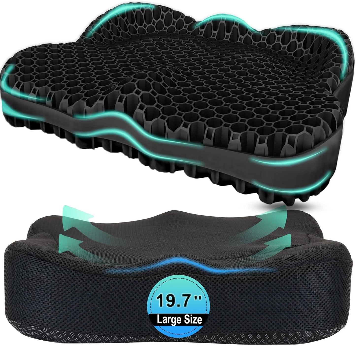 Thicken 19.7in Seat Cushion, Gel Seat Cushion for Long Sitting–Office Chair, Wheelchair, Car Pad, Large Cooling Support Pad for Back Pain, Sciatica, Tailbone Pain Relief