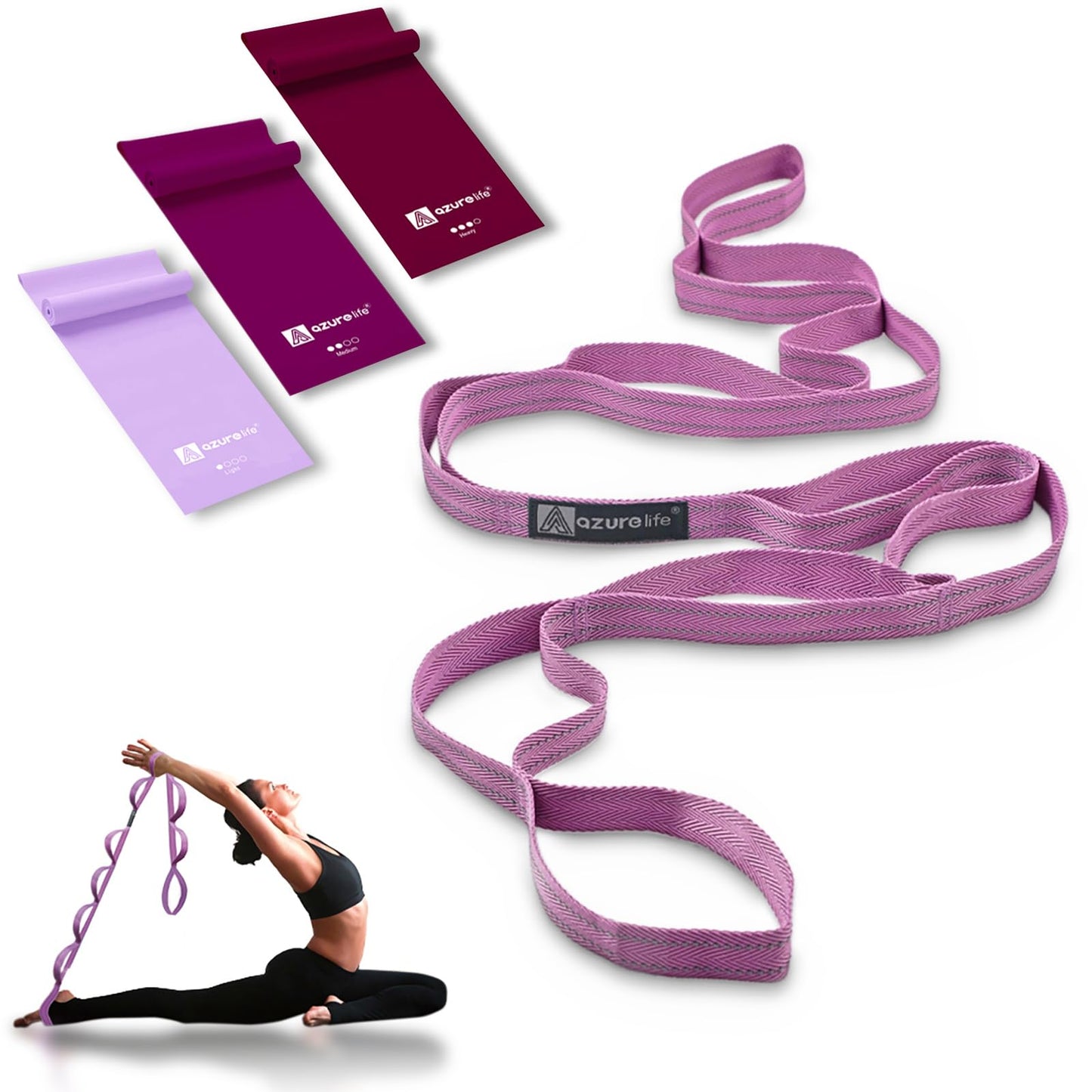A AZURELIFE Flat Resistance Band Set (3 Pieces Total) Exercise Bands and Premium Stretch Strap with Loops