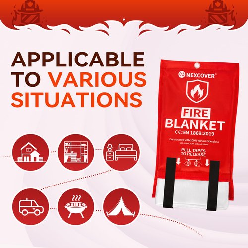 NEXCOVER Emergency Fire Blanket for Home and Kitchen, Fire Blankets Emergency - Fiberglass Flame Retardant Flame Suppression for Home Fireplace, Grill, Car, BBQ