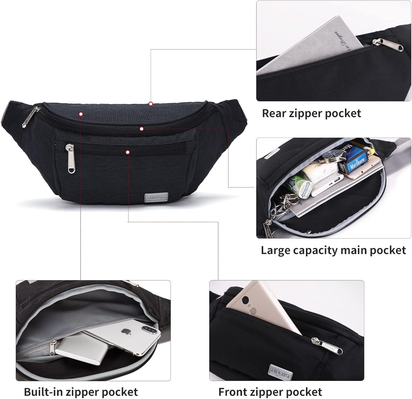 TINYAT Large Fanny Pack Travel Waist Bag Lightweight for Men&Women with Adjustable Strap T206 Blue