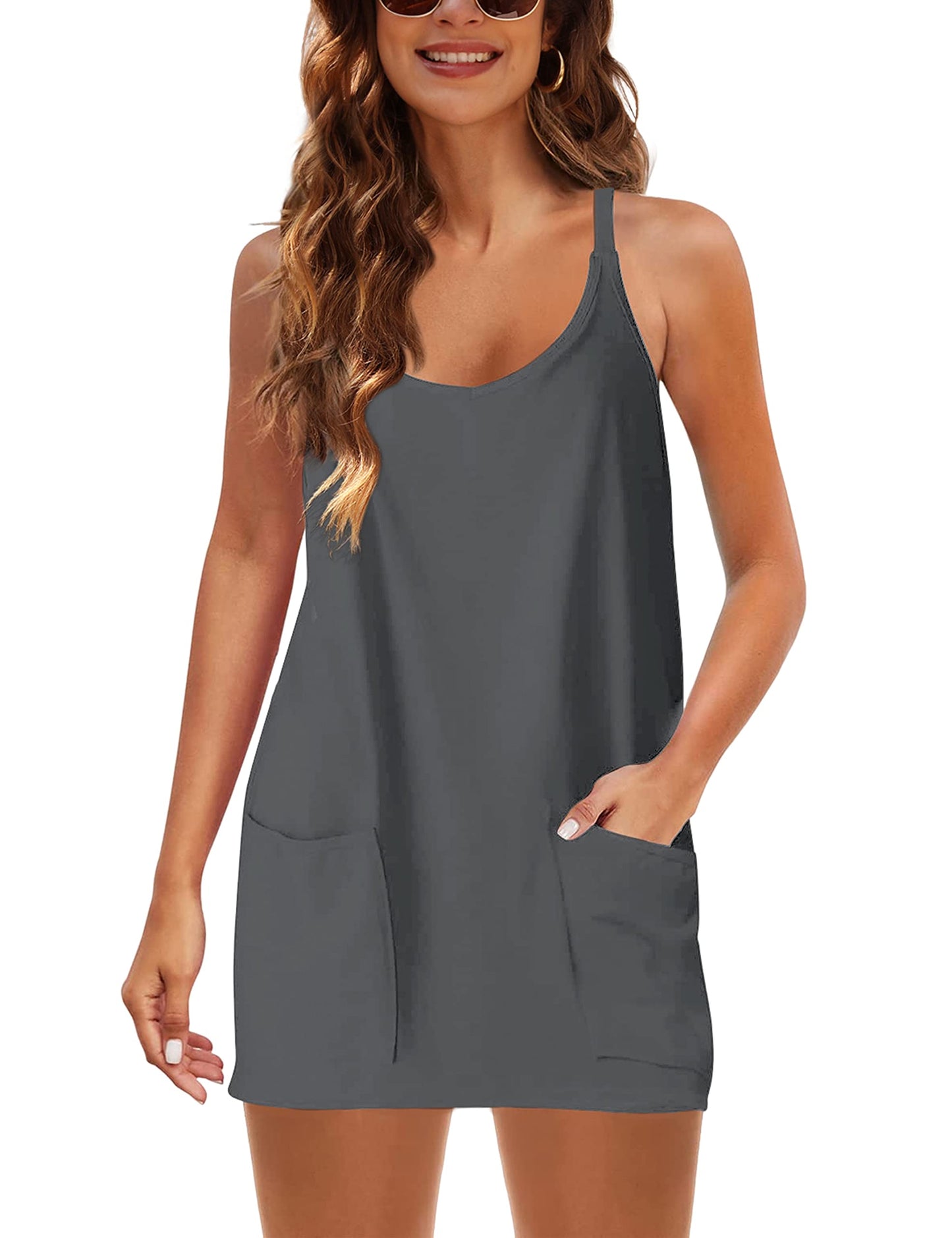 Lentta Womens Athletic Sleeveless Mini Dress with Built-in Shorts V Neck Spaghetti Strap Sundress(Darkgrey-S)