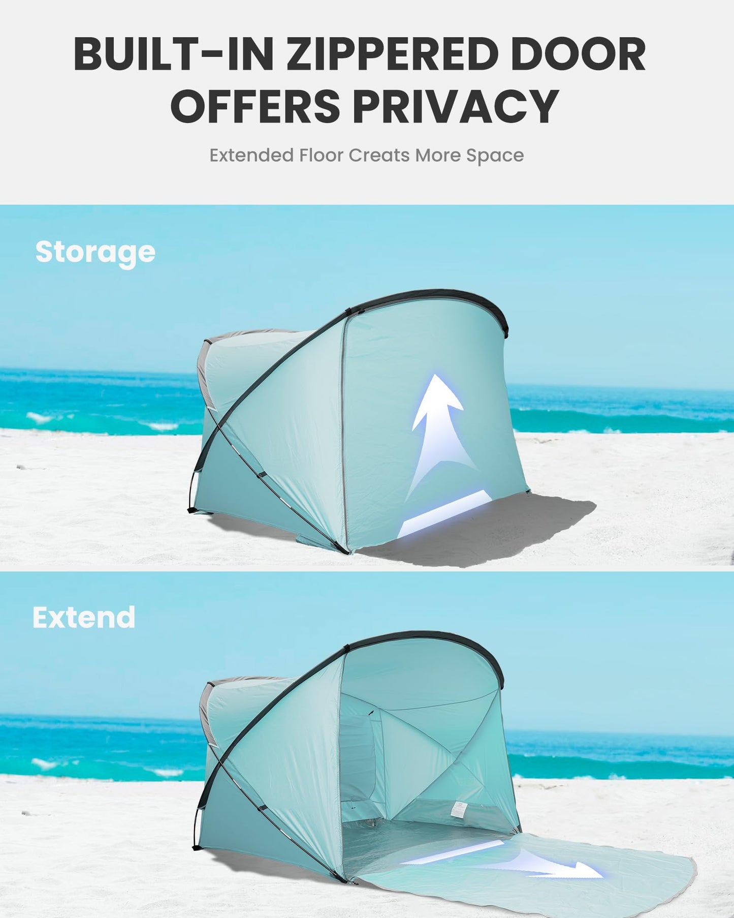 OutdoorMaster Beach Tent for 3-4 Person - Easy Setup and Portable Beach Shade Sun Shelter Canopy with UPF 50+ UV Protection Removable Skylight Family Size-Light Green