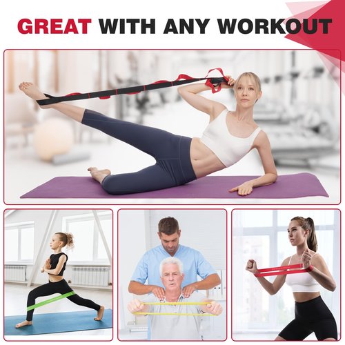 TADAKAZU Resistance Bands Exercise Bands Set for Women, Non-Elastic Yoga Strap with Loops for Stretching Physical Therapy, Workout Bands with 5 Resistance Levels for Home Gym Exercise, Red