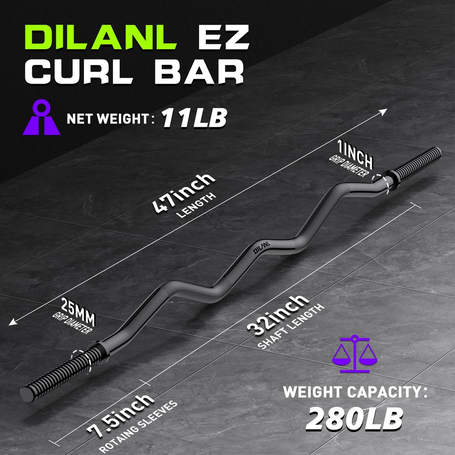 47" EZ Curl Bar Weight Lifting, 1-inch Plates Curl Bars for Squats/Hip Thrusts/Lunges, Plates Curling for Gym and Home -2 Star Collars(280lb Weight Capacity) (Black)