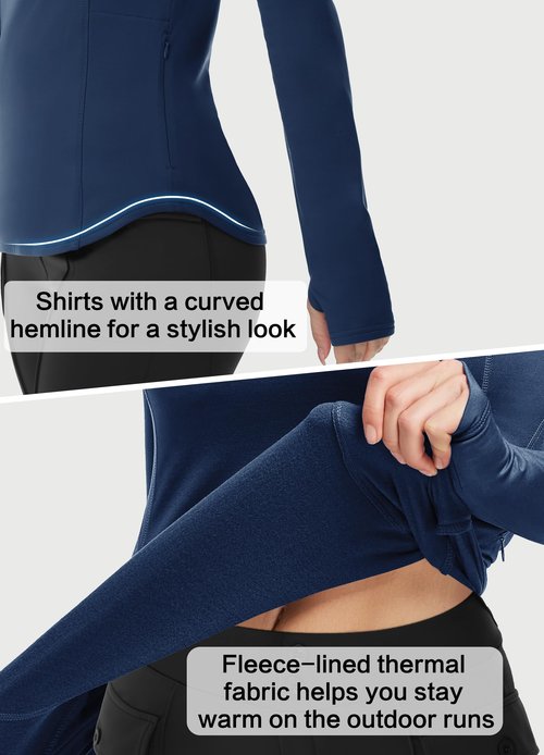 Thermal Shirts for Women Winter Running - Fleece Lined Long Sleeve Warm Tops Cold Weather Gear Thumbholes Zipper Pocket Navy