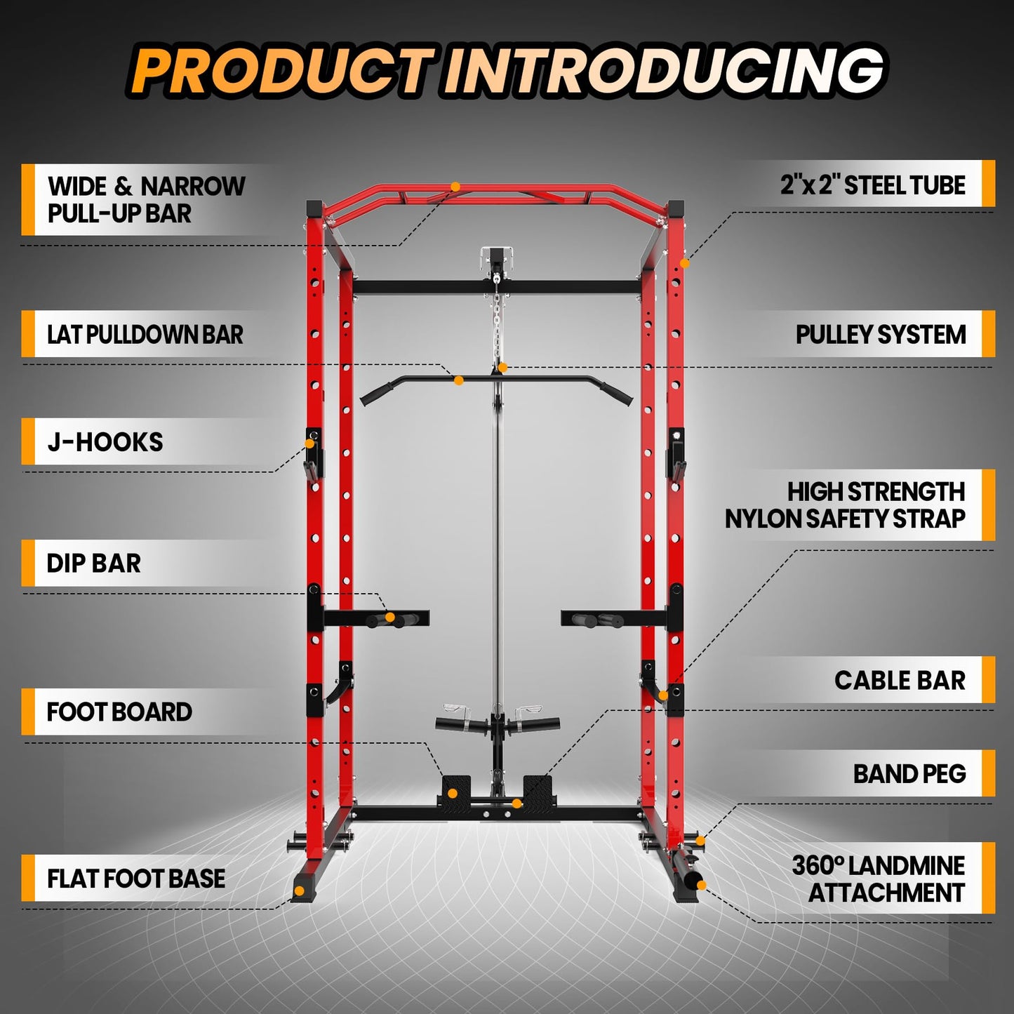 GarveeLife Power Cage with LAT Pulldown, Multi-Functional Power Rack with Cable Pulley System and J-Hooks, Squat Rack with Dip Bars and Landmine Attachment, Weight Cage for Home Gym Equipment
