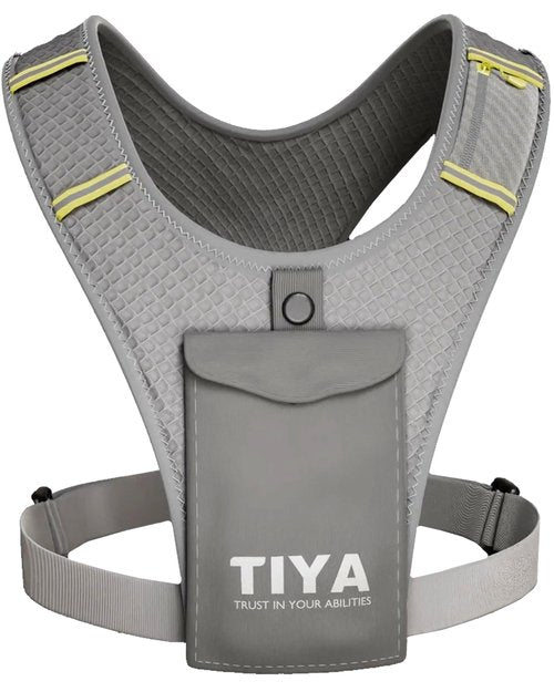 TIYA Reflective Running Vest with Waterproof Phone Holder, No-Bounce, Ultra-Light Run, Hike, Walking, Bike Vest Waistpack – Unisex Runners Accessory for Men & Women - Grey