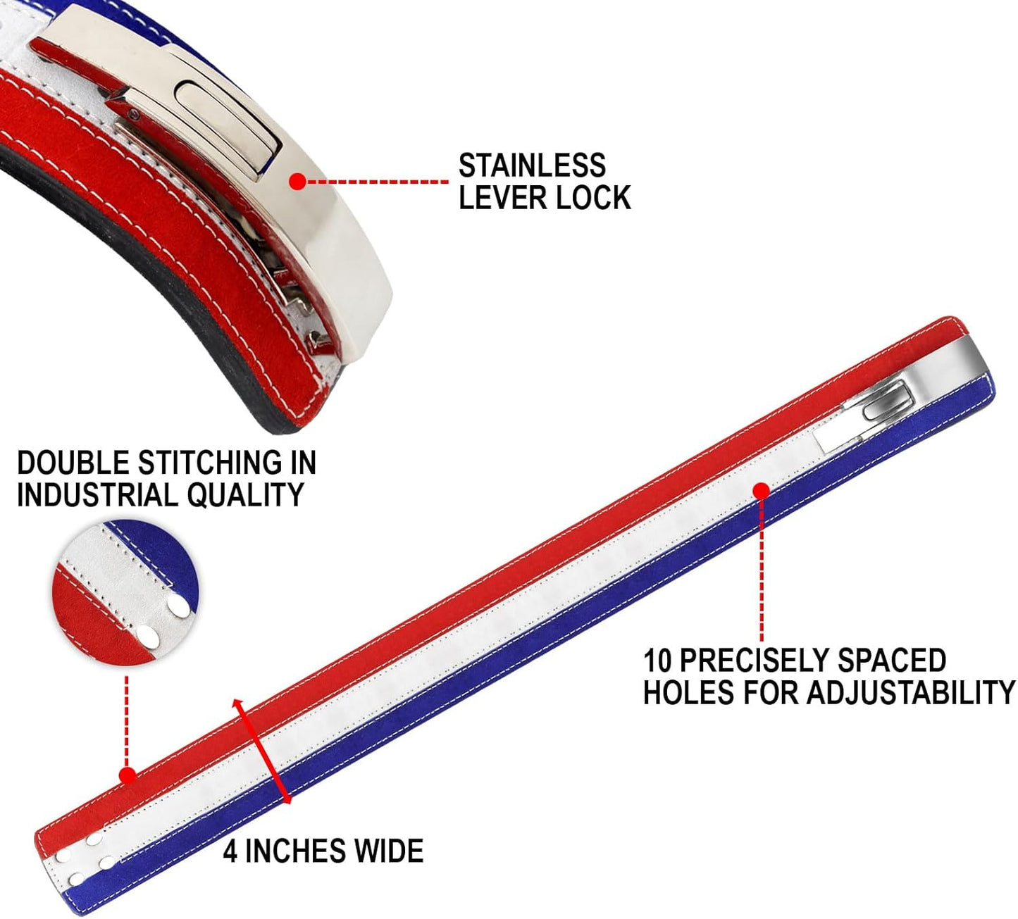 ARD CHAMPS™ 10MM Weight Power Lifting Leather Lever Pro Belt Gym Training Red,White & Blue