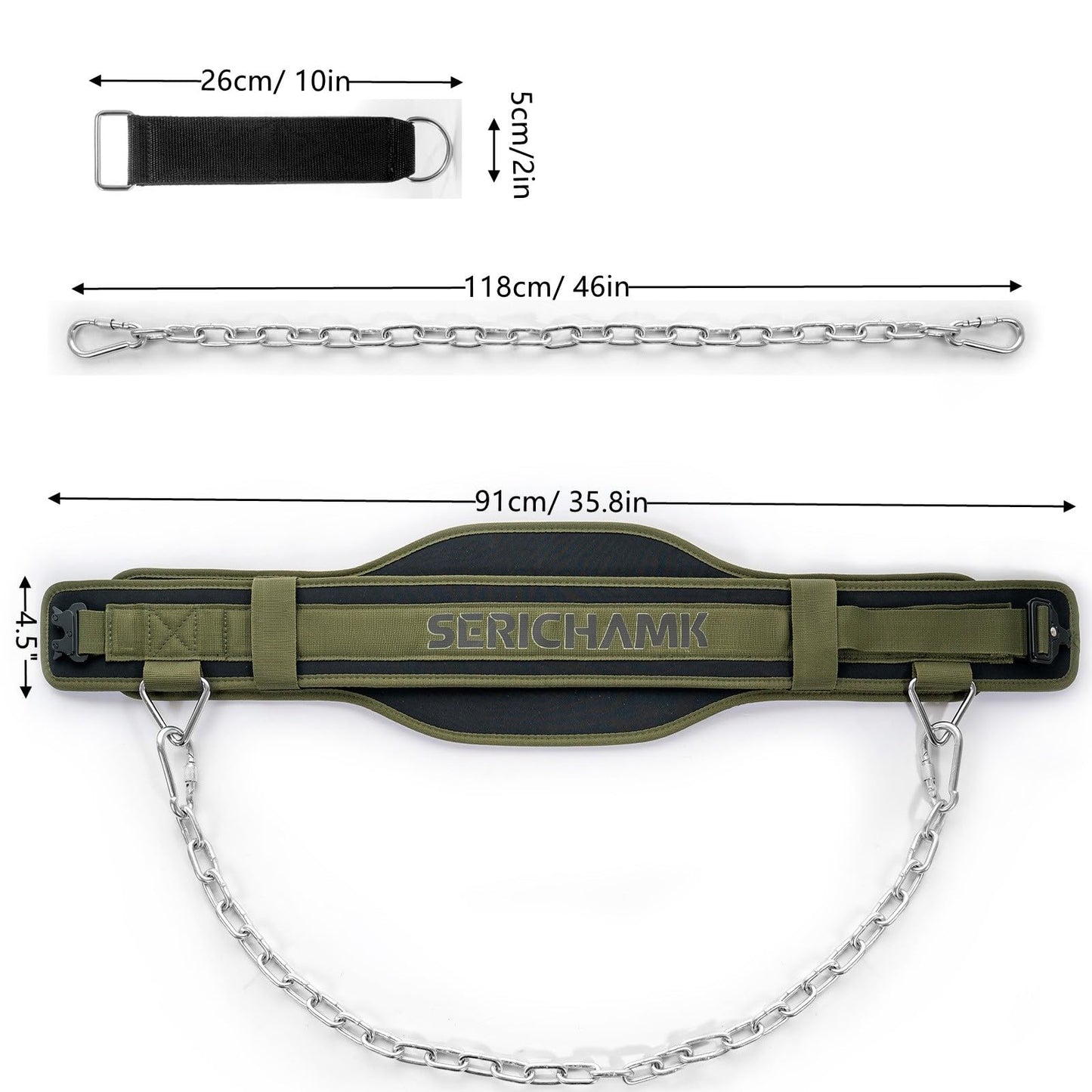Green Dip Belt with Chain - 46" Weighted Pull Up Belt for Squats & Dips