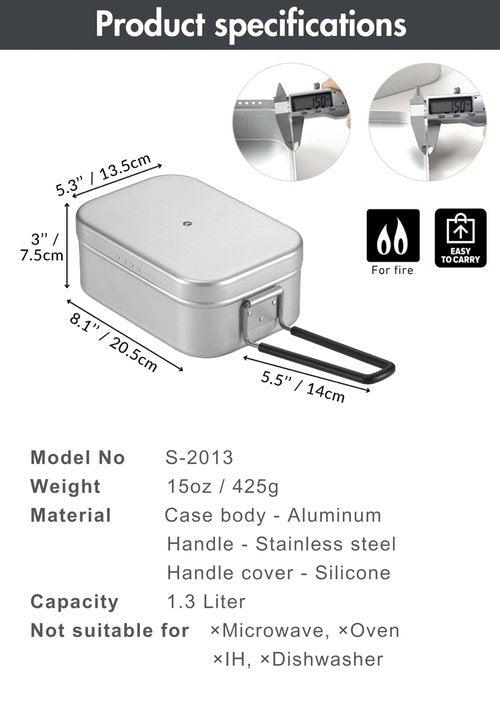 CAMPINGMOON Mess Tin 1.3L Aluminium Camping Cookware Extreme Thick S-2013