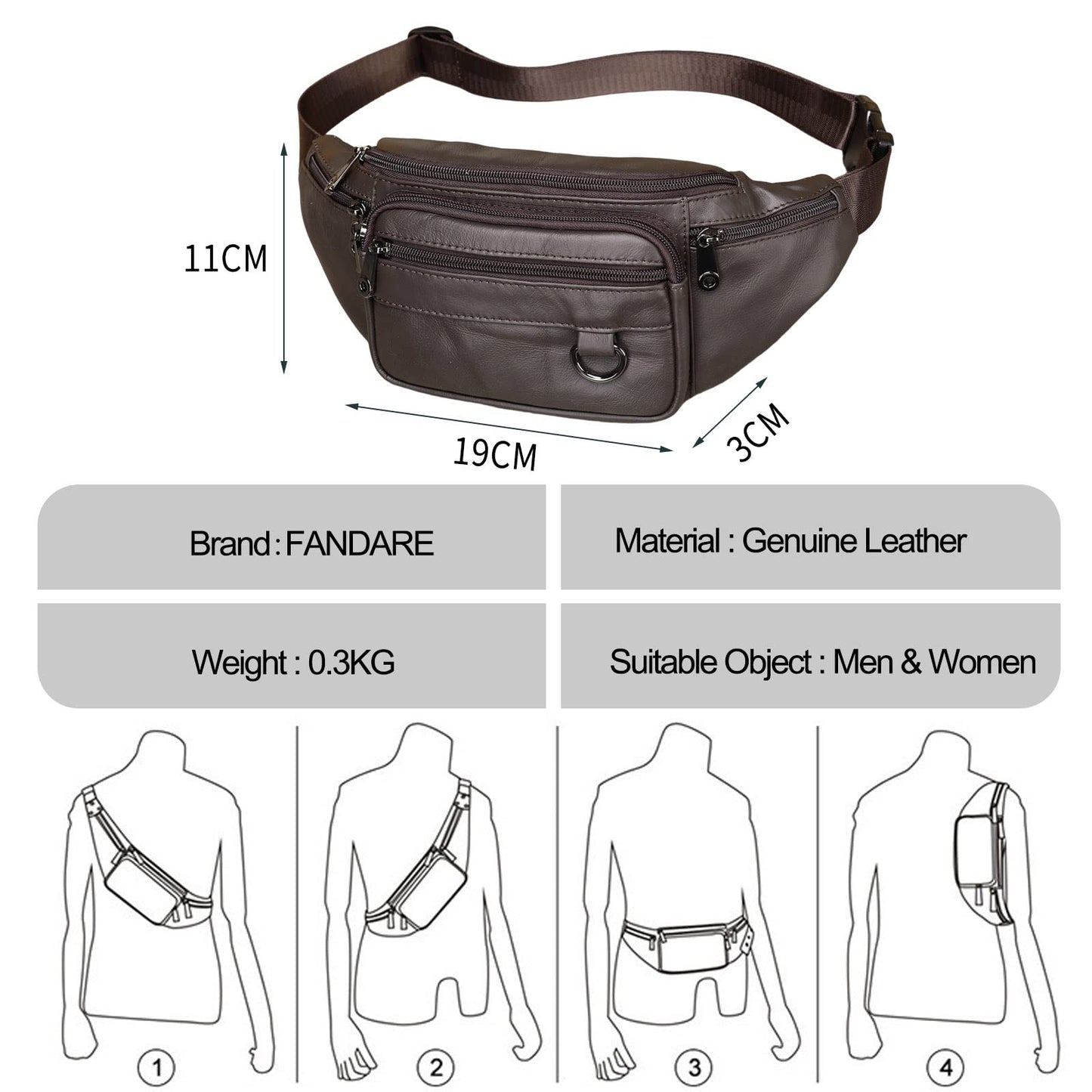 FANDARE Waist Fanny Pack Bumbags for Women Men Sling bag Genuine Leather Chest Crossbody Bag Cover Pack for Hiking Cycling Travelling Outdoor Sport Gym Business Shoulder Bag Dark Brown B