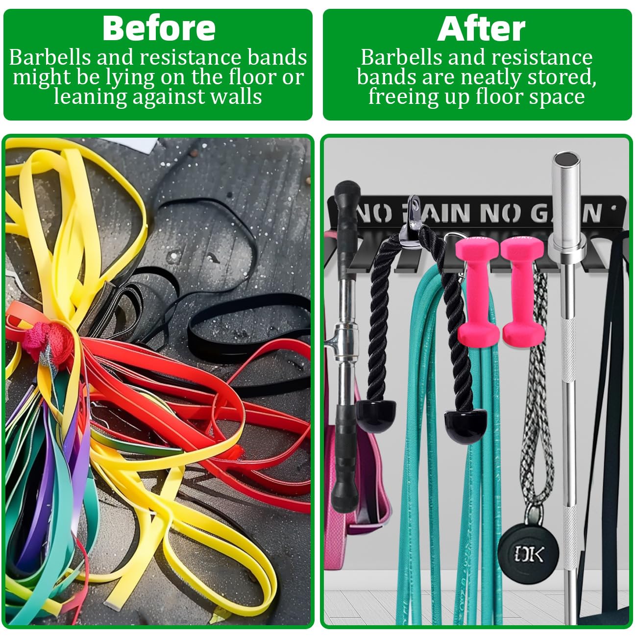 Home Gym Accessories Organization Storage Rack Equipment For Home 8 Hook Wall Hanger Display Gear Barbells Resistance Bands Jump Ropes Lifting Belt Hanger Accessories Hardware Included (No Pain No Gain M)