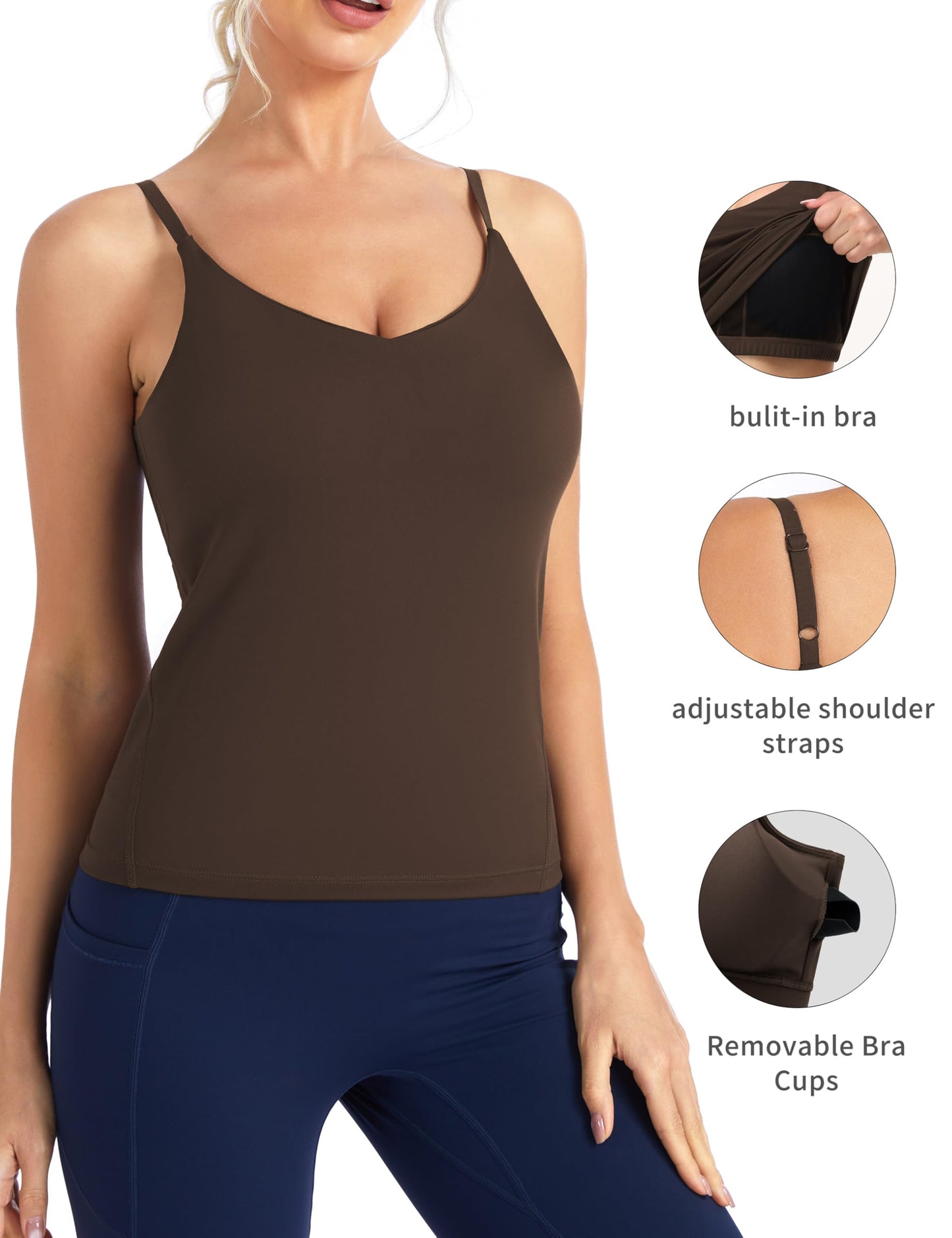THE GYM PEOPLE Women's Longline V Neck Sports Bra with Removable Pads Adjustable Spaghetti Strap Yoga Workout Cami Tank Tops Brown