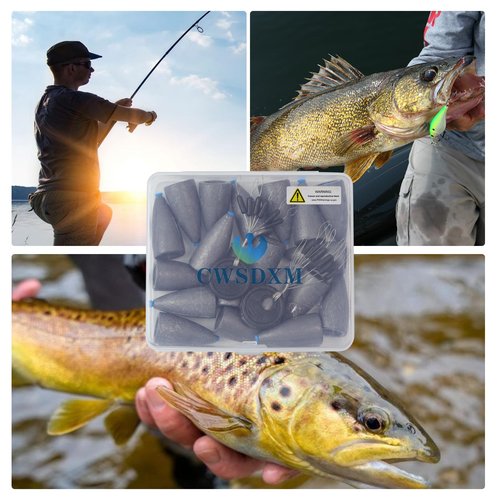 Worm Fishing Weights, 50/40/30/25/18 PCs, Bullet Sinkers with Soft Plastic Insert for Bass Fishing, CWSDXM Freshwater Saltwater Terminal Tackle, Includes Weight Pegs (3/17 oz, 40 PCs)