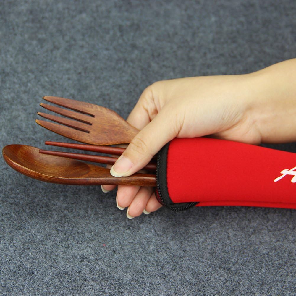 Wooden Spoon and Fork Set, AOOSY 3 Pcs Nanmu Wood Fork Spoon Chopsticks Camping Travel Flatware Set Tableware with Bag, Brown Color