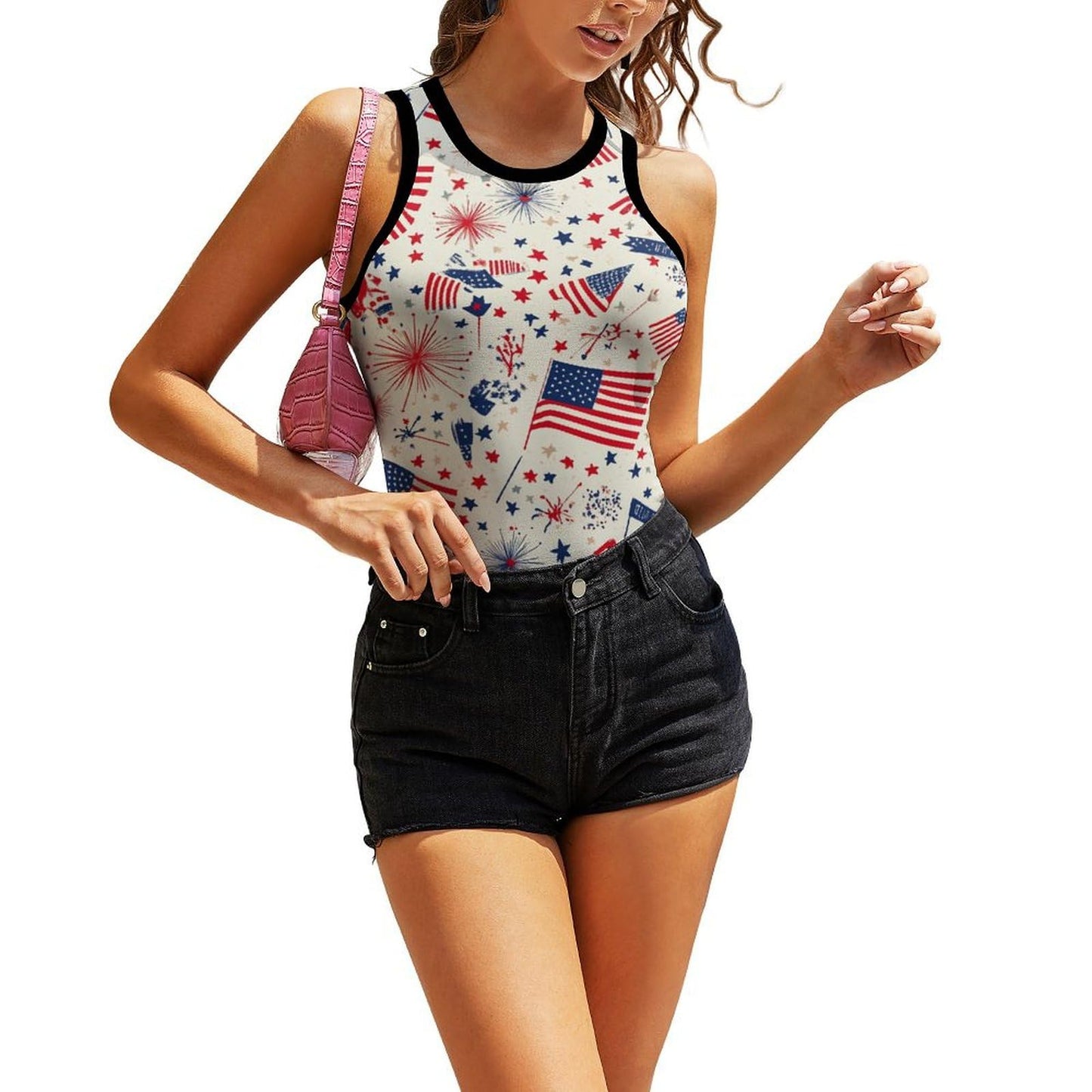 Costaric 4th of July Tops for Women Sleeveless America Flag Print Sexy Stretch Tight Tank Shirt Crew Neck Slim Fitted Vest T-Shirt Trendy Casual Summer Vacation Holiday Tee