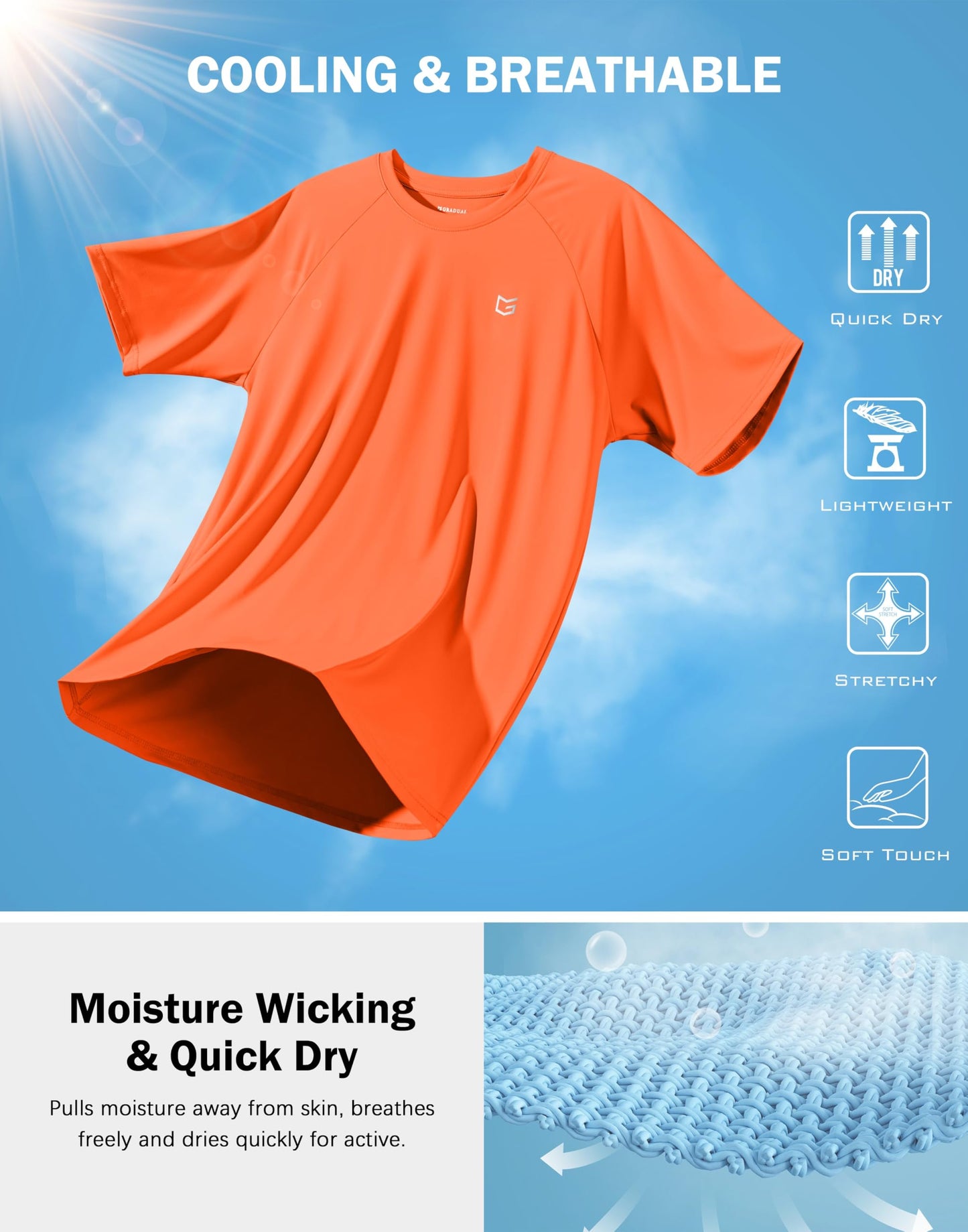 G Gradual Men's Athletic Workout T-Shirts Moisture Wicking Cooling Running Shirts Short Sleeve Performance Tee for Gym Tennis(Orange,L)