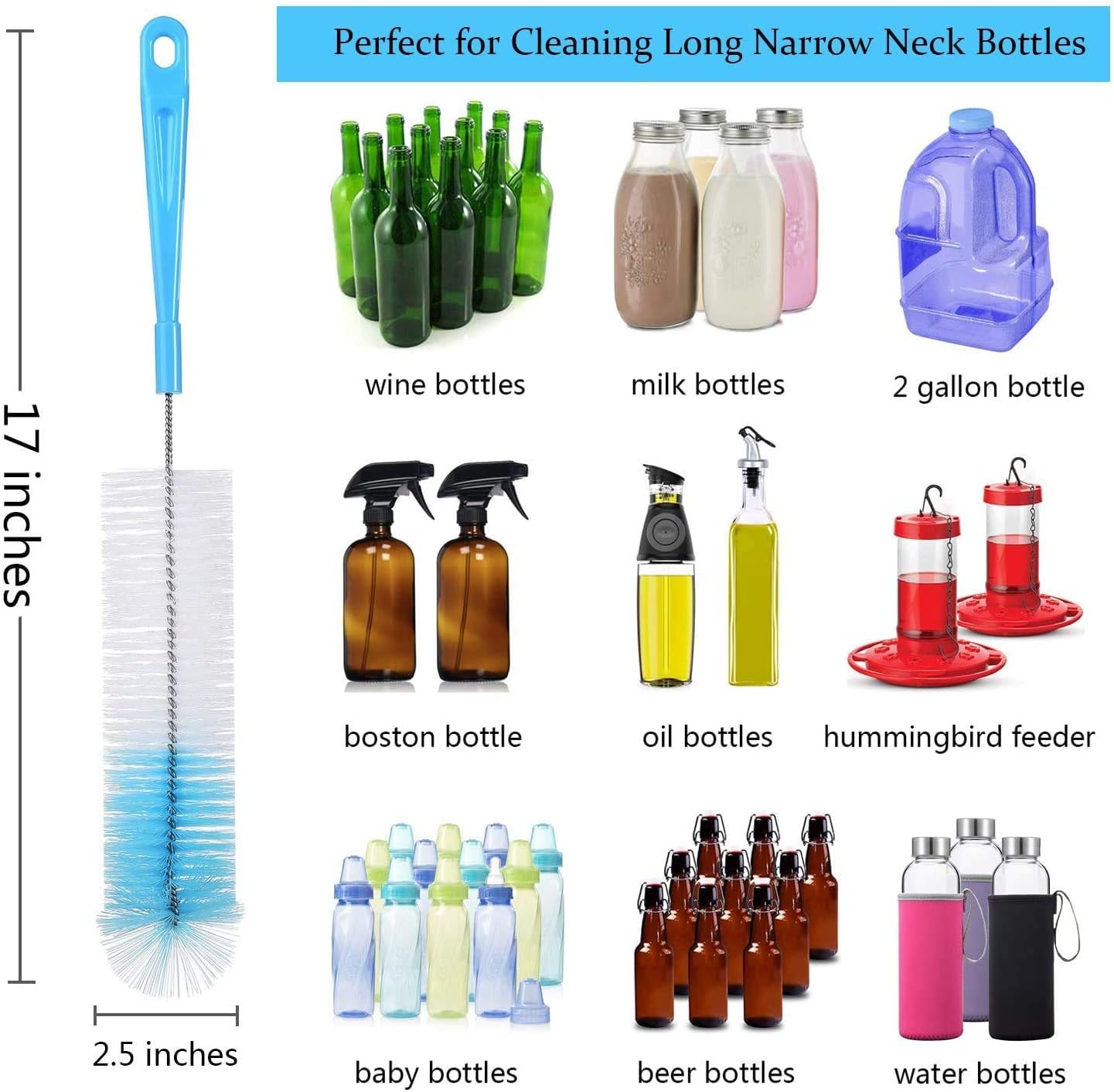 ALINK 8-Pack Bottle Cleaning Brush Set - Long Handle Bottle Cleaner for Washing Narrow Wine/Beer Bottle, Thermos, Hummingbird Feeder, Sport Well, Plus Kettle/Straw Brush