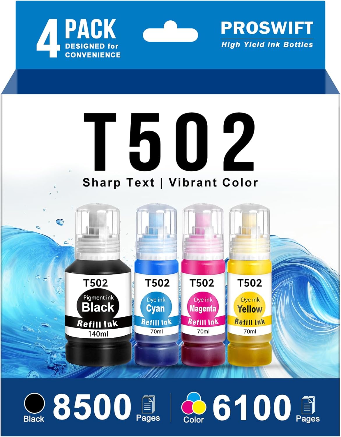 T502 502 Ink Refill Bottles Remanufactured for Epson T502 502 Ink for EcoTank ET-3850 ET-2850 ET-4850 ET-15000 ET-3760 Printer (4 Bottles, BK,CMY)