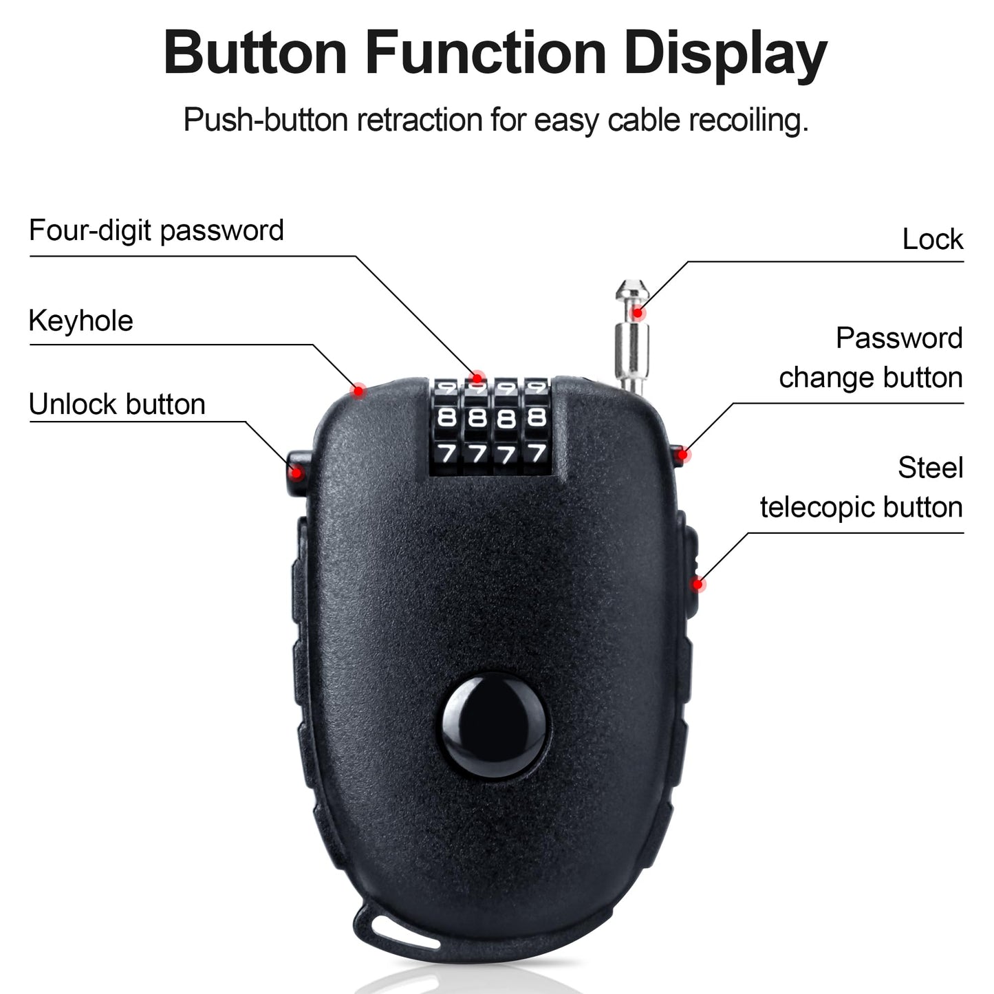 JAGASOL Motorcycle Helmet Lock, 4 Digit Combination 27.5 Inch Retractable Cable Lock for Snowboard, Bike Luggage Backpack Scooter Suitcase Ski, Small Multi-Function Secure Lock for Travel, Black