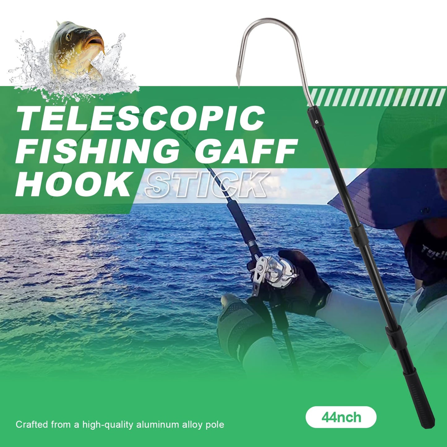 Fishing Gaff Spear Hook Stick with Stainless Gig Hook, Telescopic Aluminium Alloy Pole for Saltwater, Offshore Freshwater Ice Fishing Tool-44inch