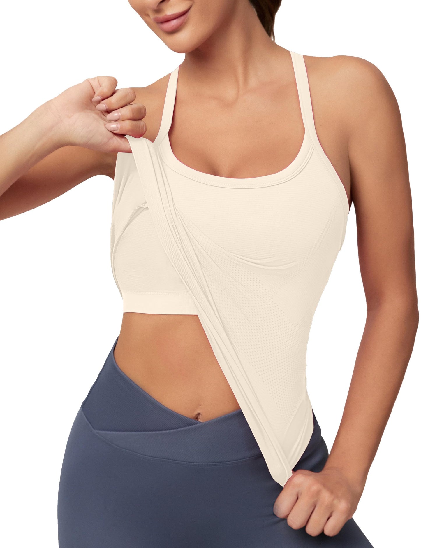 MathCat Workout Tank Tops for Women with Built in Bra, Sleeveless Gym Tops Seamless Racerback Athletic Yoga Shirts Ivory