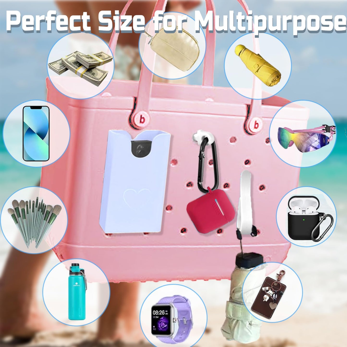 Fabenyok 7PCS Hooks Set and Phone Holder Compatible with Bogg Bag, Plastic Phone Holder for Bogg Bag Accessories, Insert Carabiner Key Holder Charms Fit for Small & Large Beach Bag(White)