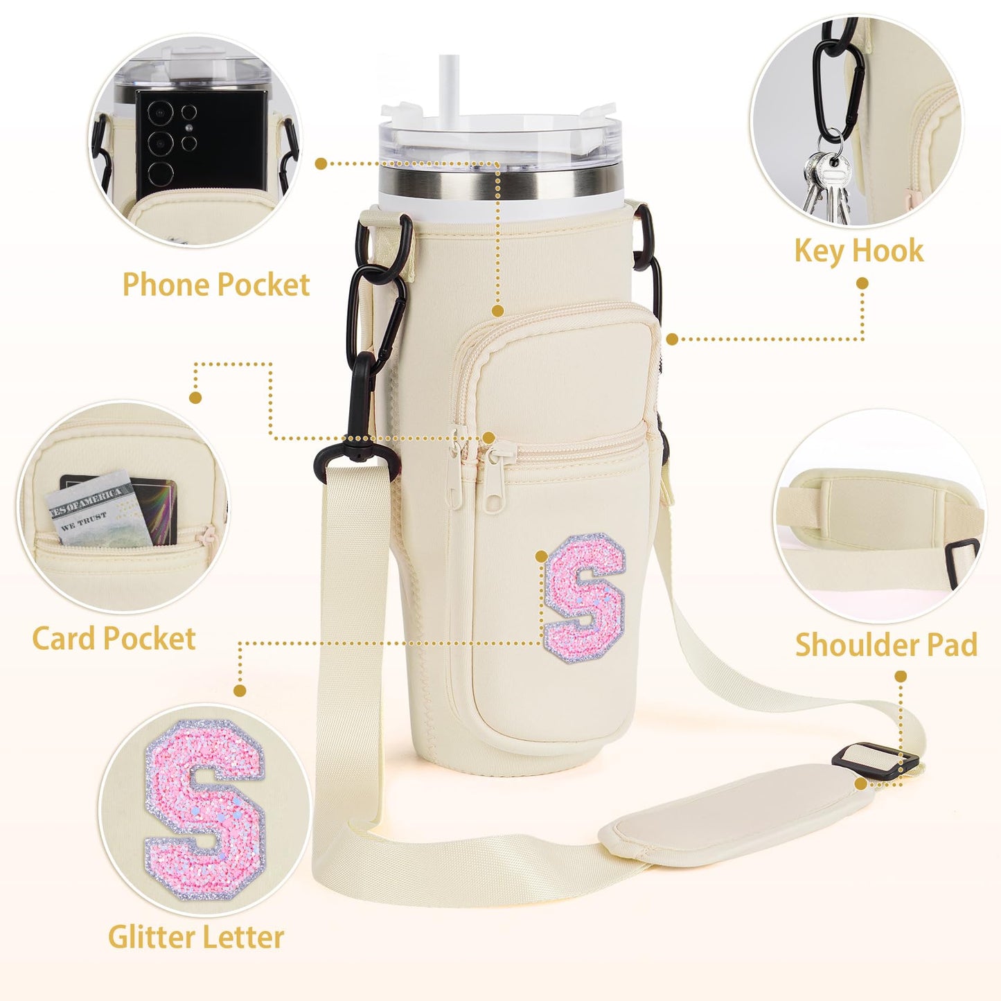 Aganmi Water Bottle Carrier Bag with Phone Pocket for Stanley 40oz Tumbler,Glitter Initial Sport Water Bottle Holder Sling Pouch with Adjustable Strap for Stanley Cup Accessories (Cream A)