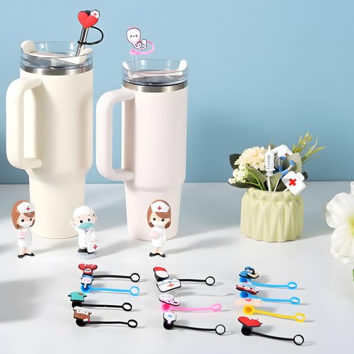 Nurse Straw Covers Cap 12 Pcs for Stanley Cup 30&40 Oz, Tumbler, Water Bottle Silicone Straw Toppers Fit 10mm Reusable Straws, Cute Nurse Gifts