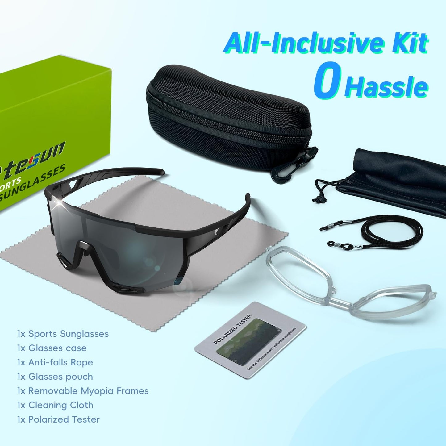 7 IN 1 Polarized Sports Sunglasses for Men Women, [UV400 Protection] [Removable Myopia Frame] Slim Fit Black Sunglasses for Running Baseball Driving Fishing Cycling