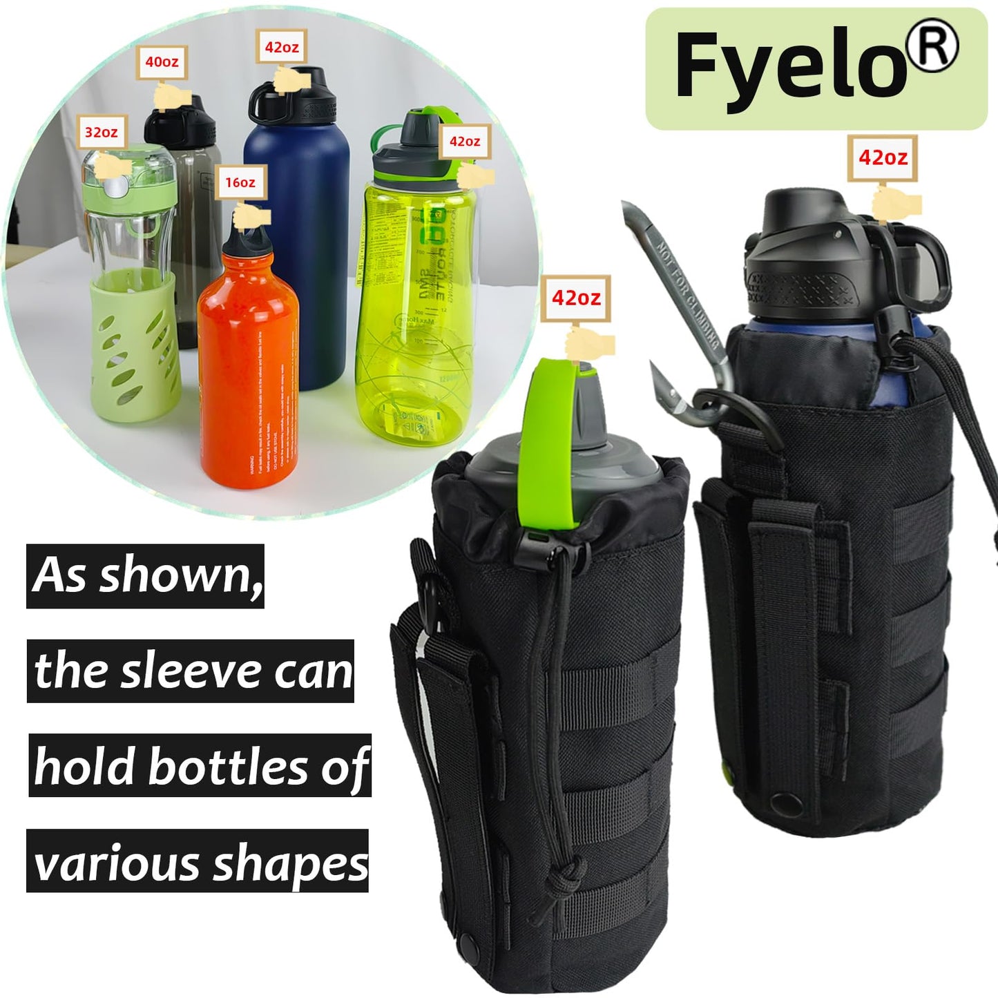 Fyelo Tactical MOLLE Bottle Pouch Bag, Travel/Sprots Molle Water Bottle Holder with Drawstring Open Top and Mesh Bottom - Black