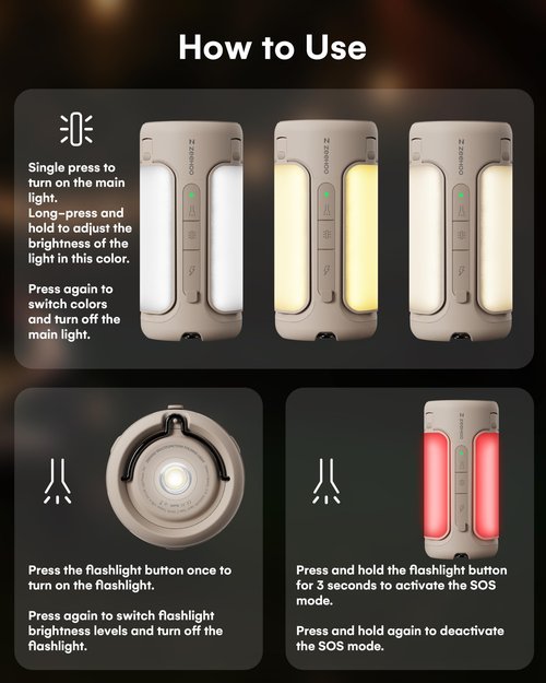 Rechargeable LED Camping Lantern, Camping Lights with Flashlights, Waterproof Tent Light with 4 Light Modes, Camping Essentials, 6000mAh Power Bank, for Camping, , Hiking, Power (Brown)