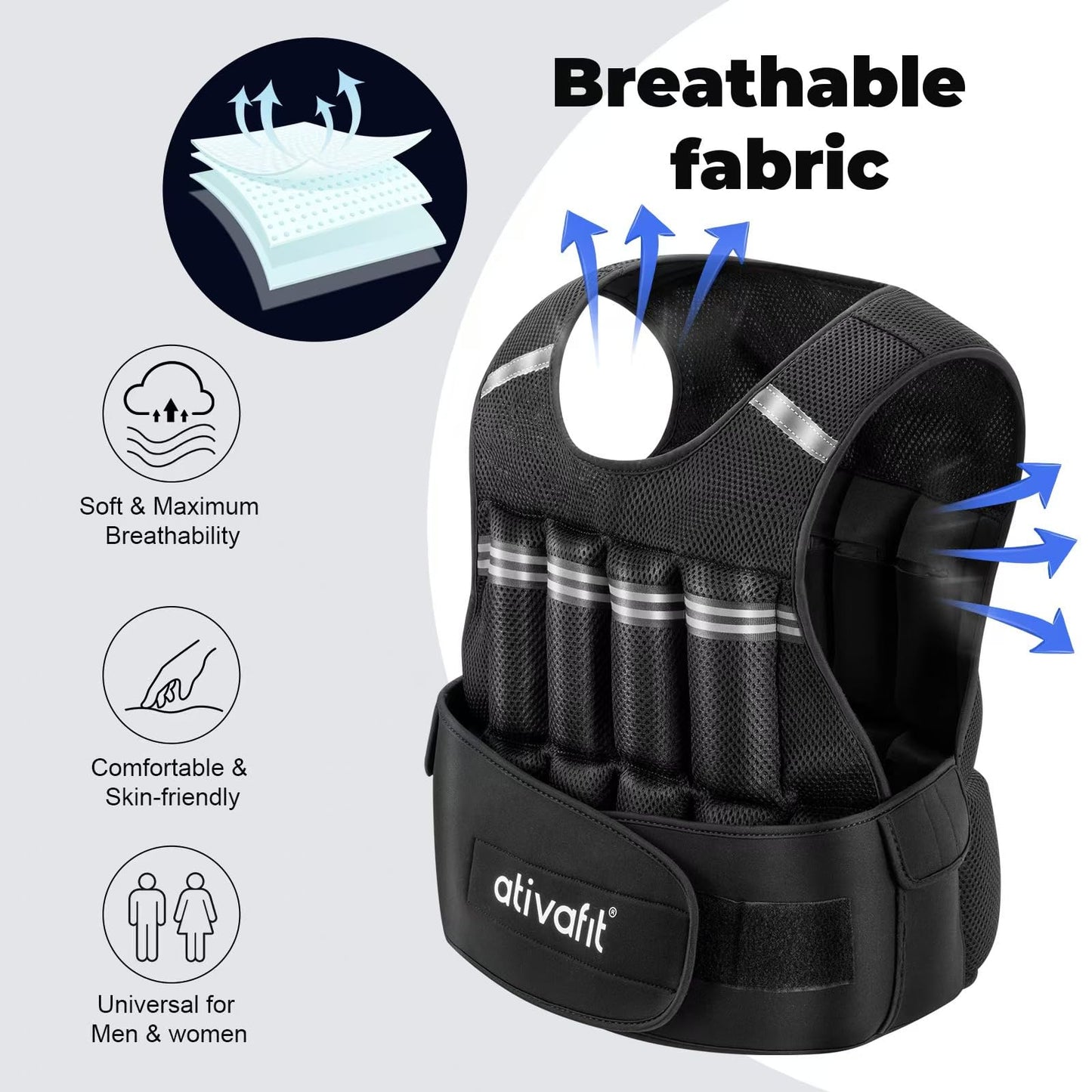 Ativafit Adjustable Weighted Vest Women Men with Reflective Design 2 4 6 8 10 12 14 16 18 20 22 Lbs Running Vest for Strength Training, Walking, Jogging, Weightlifting, Running Men Women Kids 2-22 Lbs (Black)